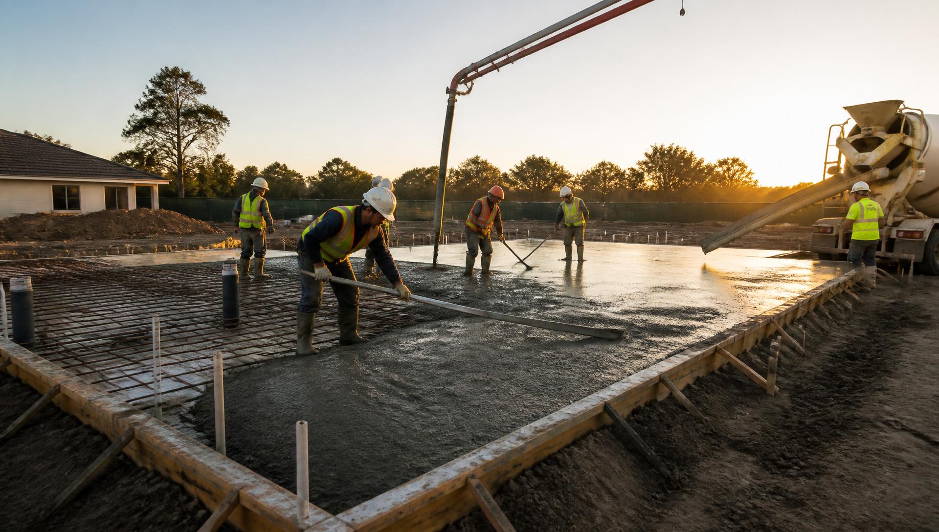 Crews screeding a freshly poured concrete foundation slab at sunrise